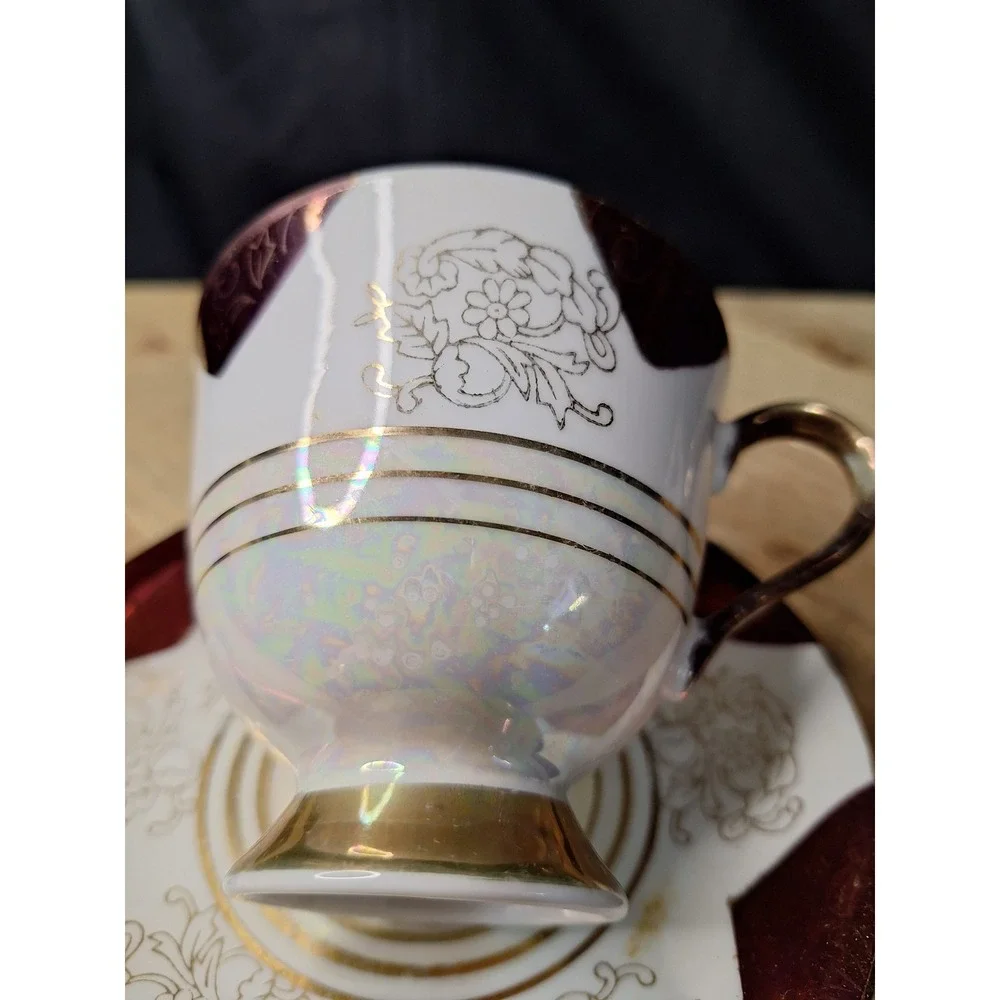 Vintage 1940's Made in Japan Lusterware Teacup and Saucer Maroon Gold Iridescent
